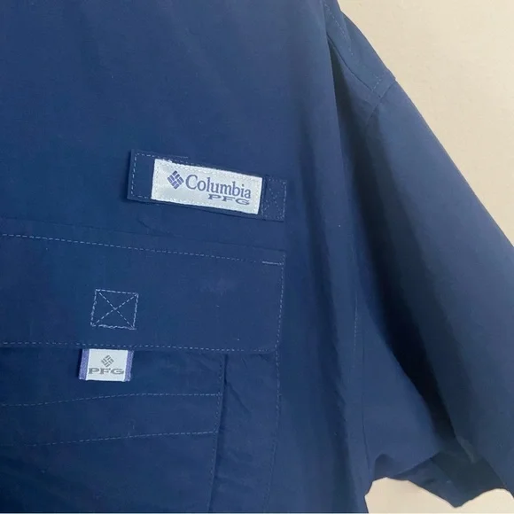 COLUMBIA PFG | Navy Blue Button Down Short Sleeve Fishing Shirt Size Large - Picture 4 of 10